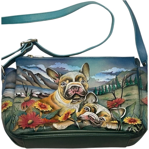 NWOT Anuschka Dogs Purse Bag Leather Crossbody Organizer Hand Painted New - Picture 1 of 4